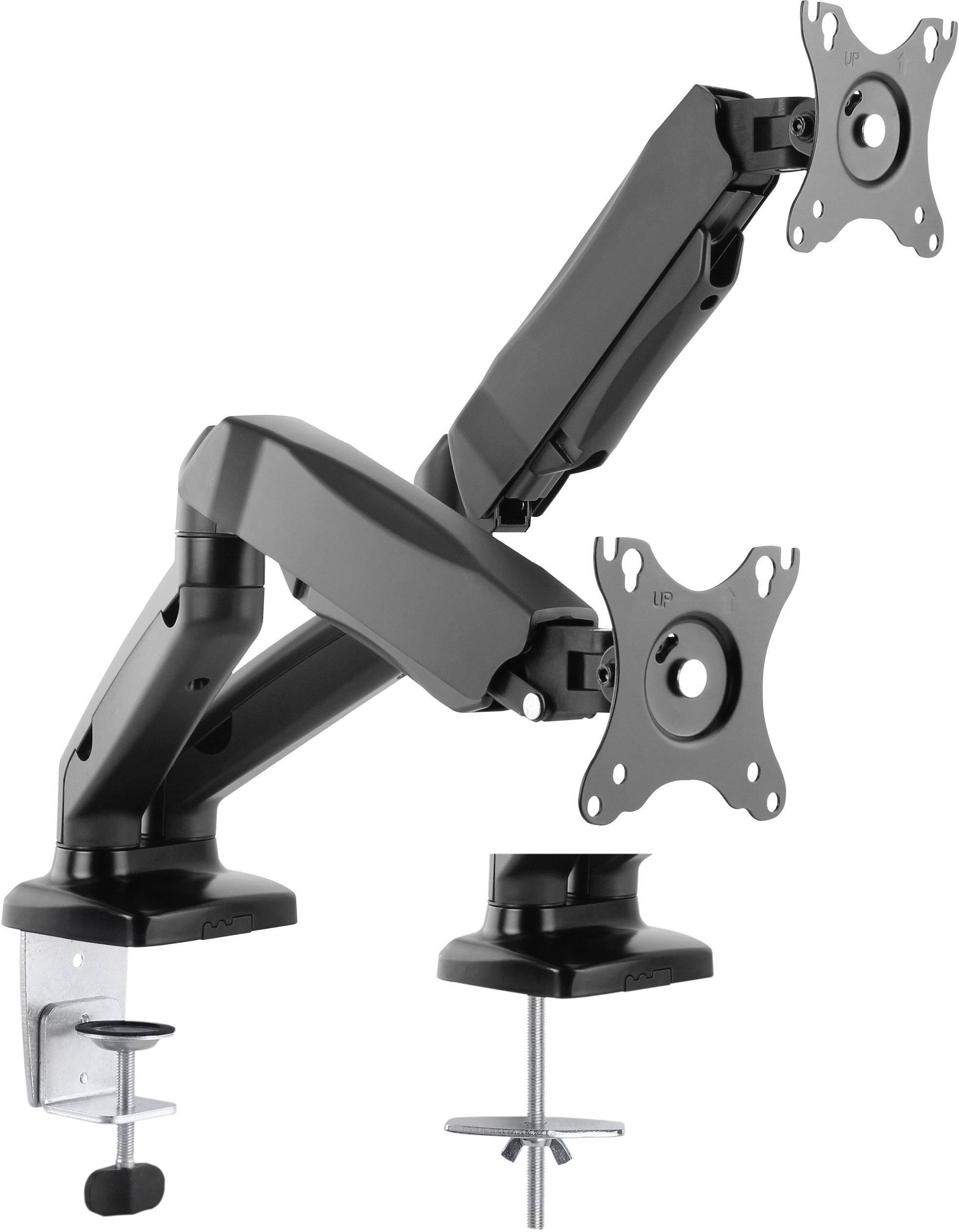 Supporto per monitor con due bracci mobili da fissare alla scrivania. Idoneo per due schermi con possibilità di posizionamento flessibile.