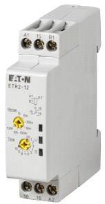 Un relè temporizzato Eaton, modello ETR2-12, con tempi regolabili e connessioni frontali per il controllo di circuiti elettrici.