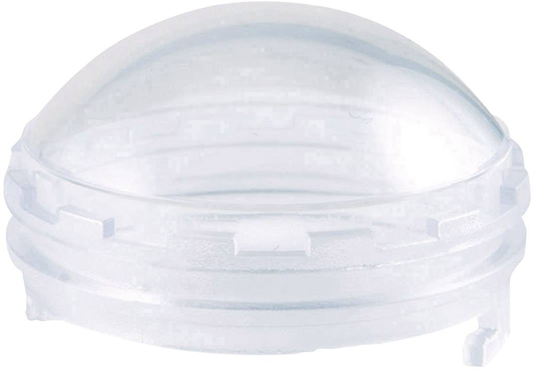 Un oggetto trasparente in plastica a forma di cupola con bordi scanalati, probabilmente parte di un dispositivo ottico o tecnico.