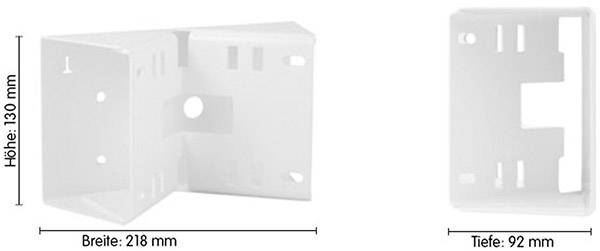 Supporto in plastica bianco per fissaggio a muro, dimensioni: altezza 130 mm, larghezza 218 mm, profondità 92 mm. Mostrato da diverse angolazioni.