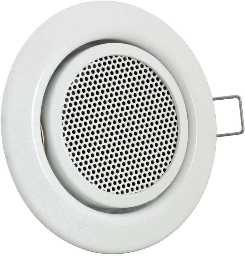 Un altoparlante bianco rotondo con una griglia metallica al centro, integrato in un soffitto o una parete.