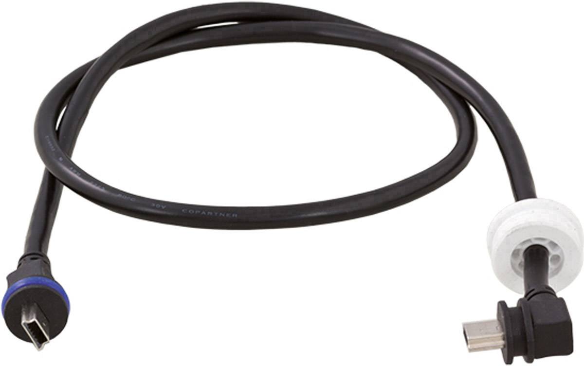 Un cavo nero con un connettore rettangolare su un lato e un connettore cilindrico con anello blu sull'altro lato.