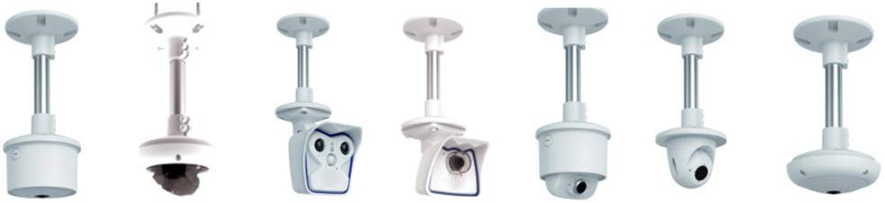 Diversi modelli di telecamere di sorveglianza di colore bianco, montati su supporti a soffitto, mostrano differenti tipologie e funzionalità.
