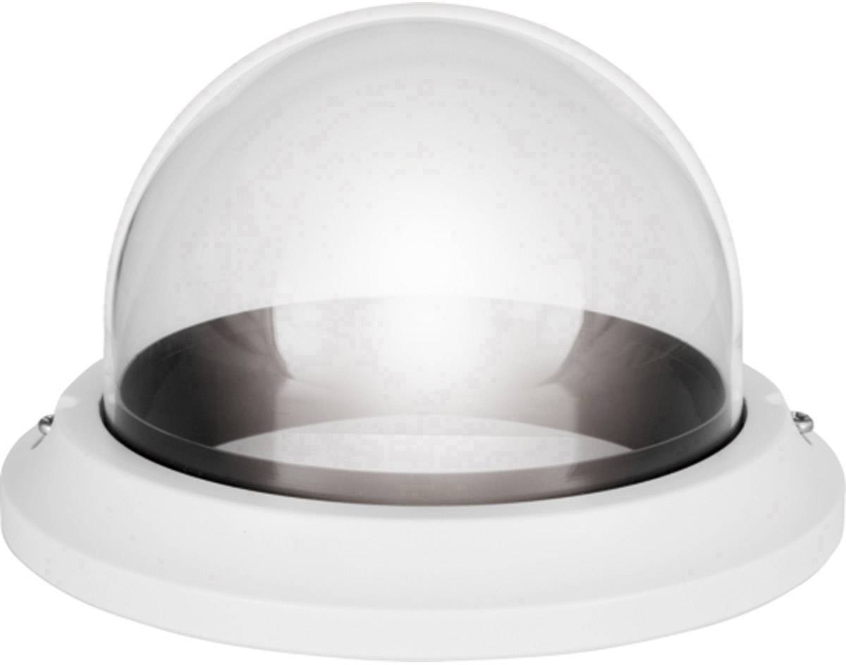 Cupola trasparente in plastica, montata su una base bianca, tipicamente utilizzata come copertura per telecamere di sicurezza.