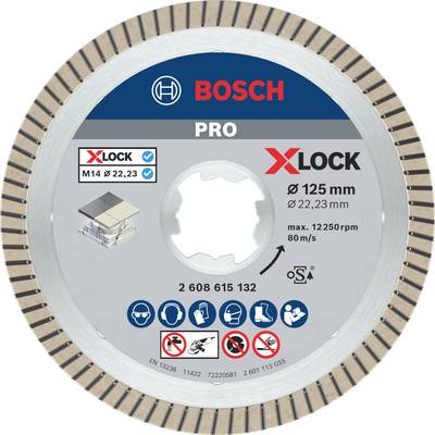 Un disco da taglio Bosch con sistema di cambio rapido X-LOCK. Diametro: 125 mm, max. 12.250 giri/min, M14, attacco da 22,23 mm.