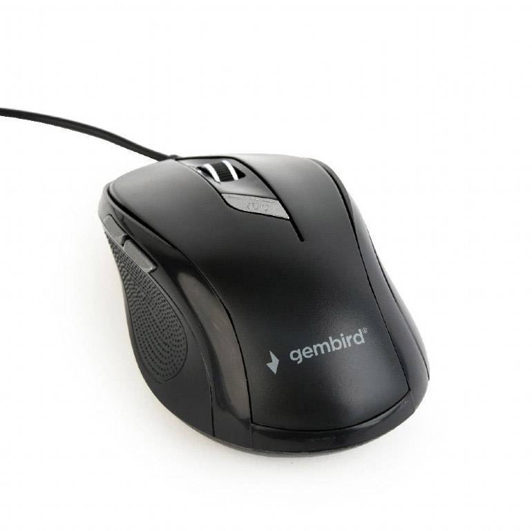 Mouse cablata nera del marchio 'Gembird' con design ergonomico, due pulsanti e rotella di scorrimento, su sfondo bianco.