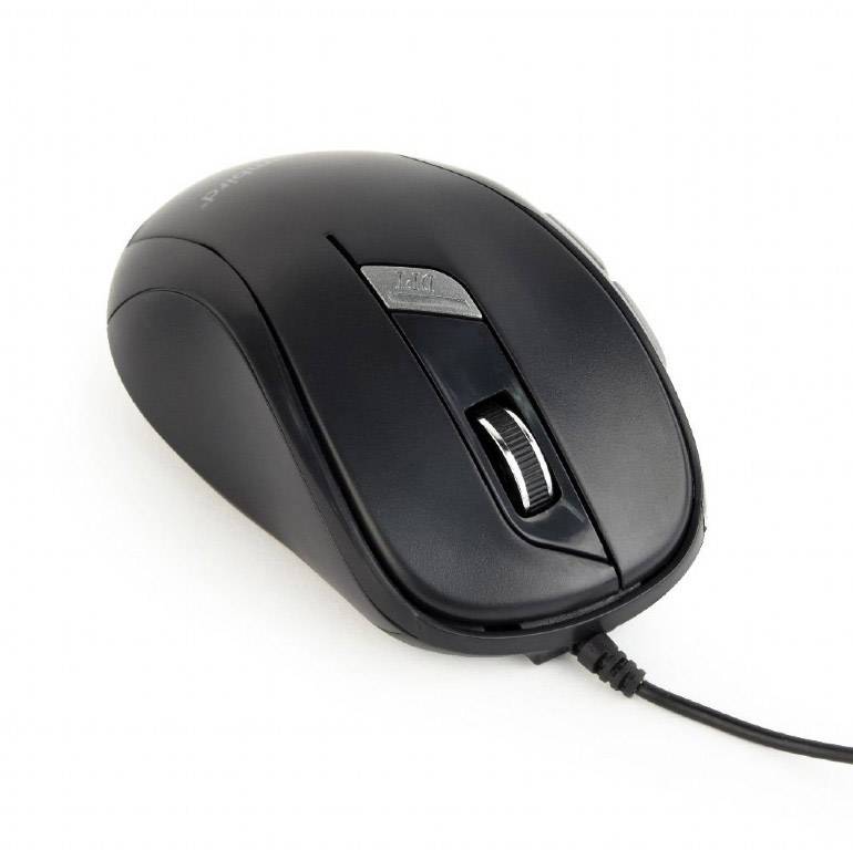 Un mouse per computer cablato nero con rotella di scorrimento, pulsante laterale e design ergonomico.