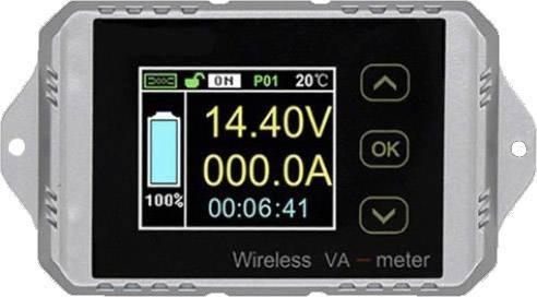 Strumento di misurazione digitale con display che mostra '14,40V', '000,0A', stato batteria 100% e ora '00:06:41'. Tasti: 'OK', tasti freccia.