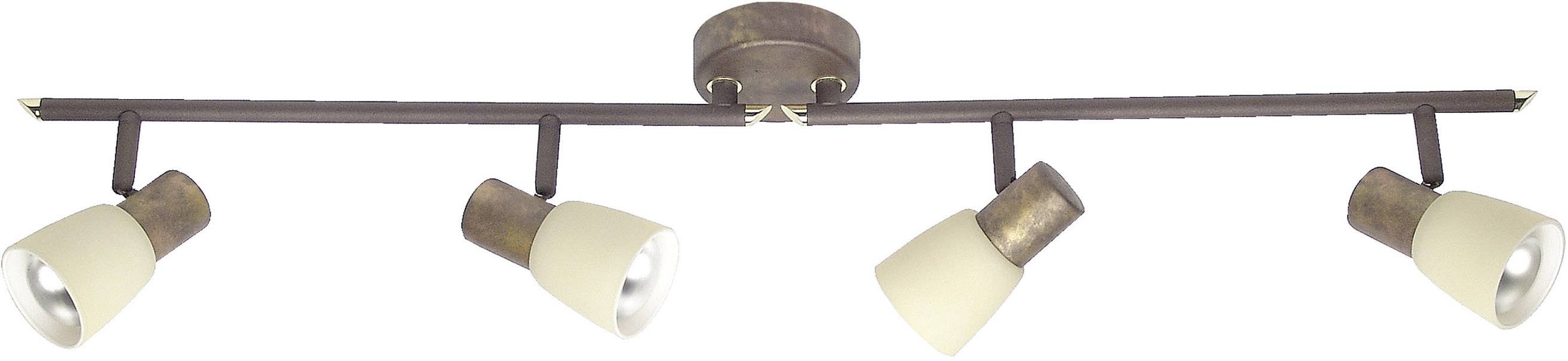 Plafoniera a quattro bracci in finitura bronzata con paralumi bianchi orientabili in diverse direzioni.