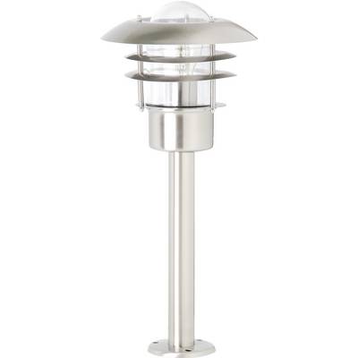 Lampada da esterno in metallo con tre lamelle intorno a una lampadina, su un supporto alto e sottile.