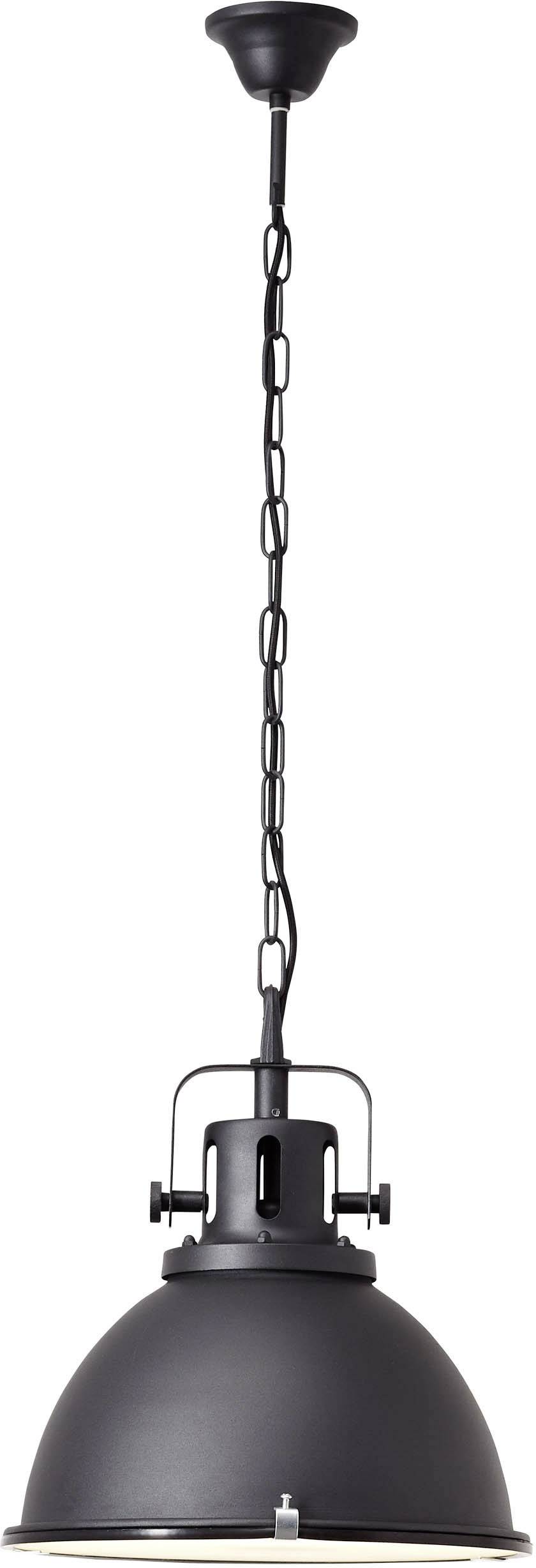 Una lampada a sospensione nera con sospensione a catena, adatta per interni industriali o moderni.