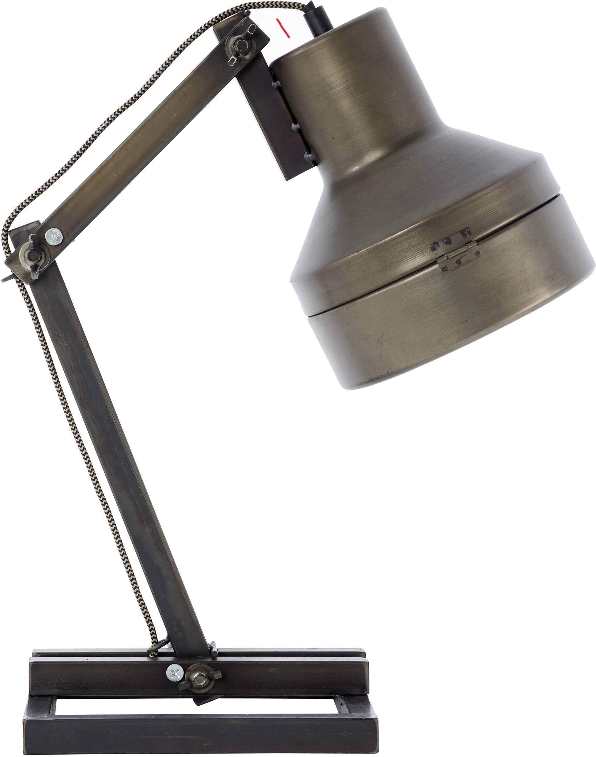 Una lampada da tavolo industriale marrone con braccio regolabile e grande paralume.