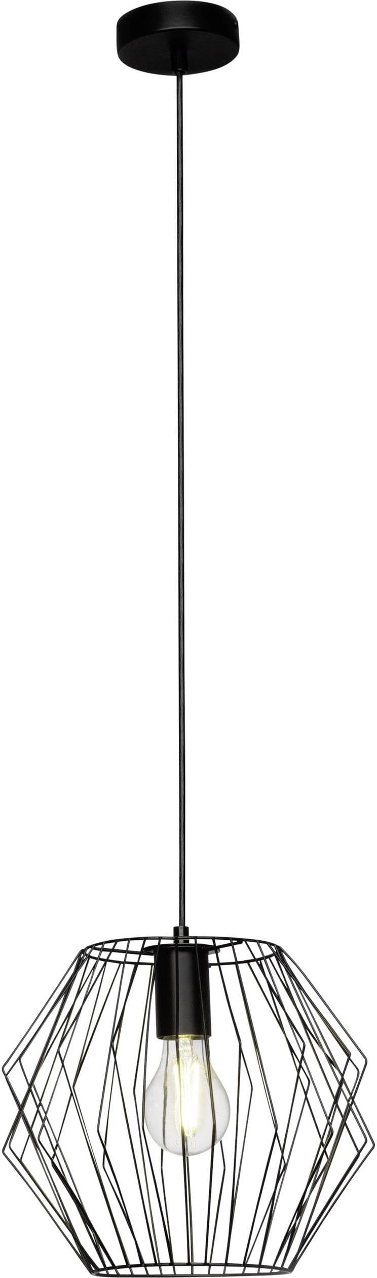 Una moderna lampada a sospensione in metallo nero con un design geometrico in fili metallici che circonda una singola lampadina.