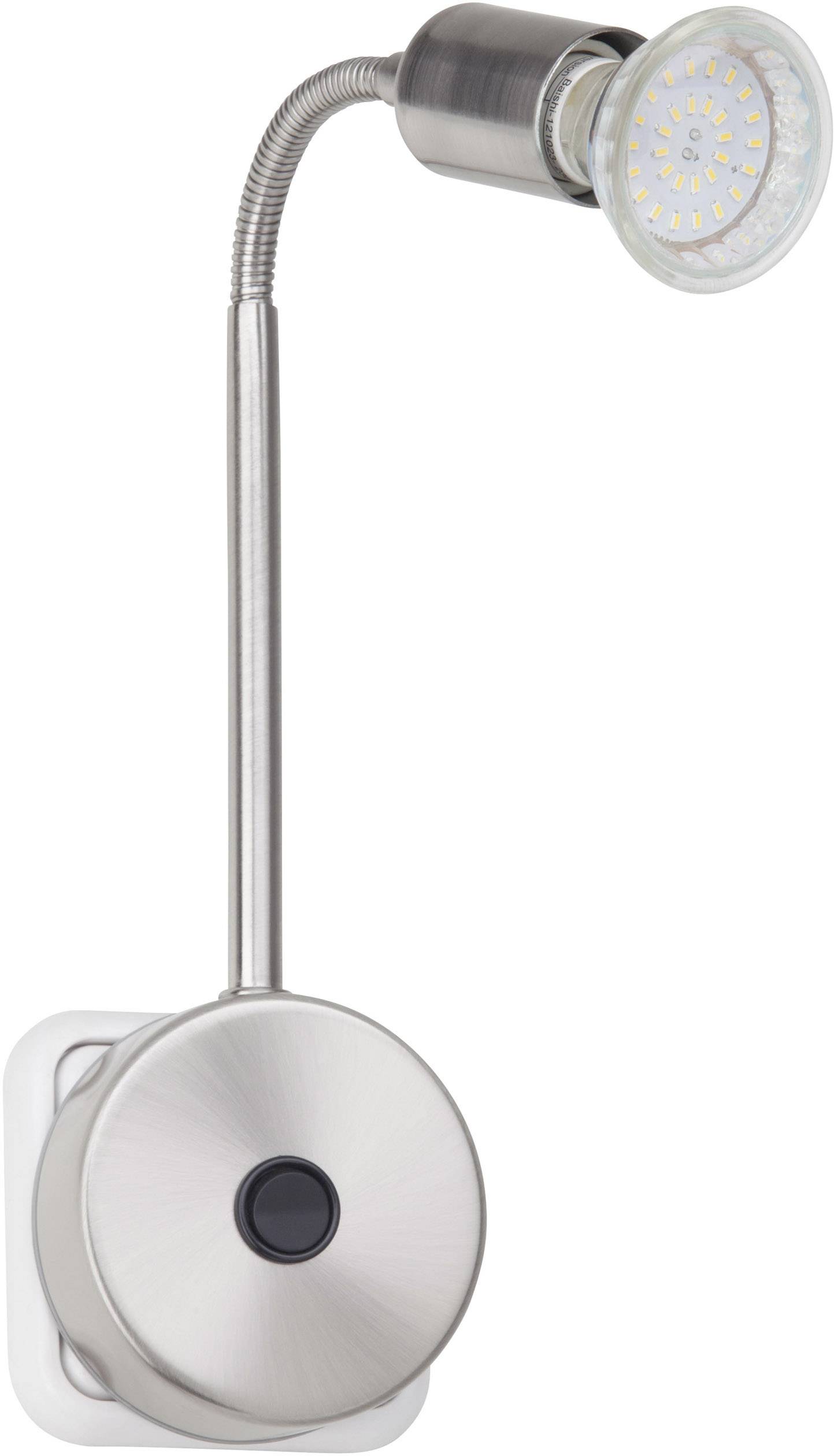 Lampada da parete in acciaio inox con braccio flessibile e illuminazione a LED, ideale per un'illuminazione mirata in ambienti interni moderni.