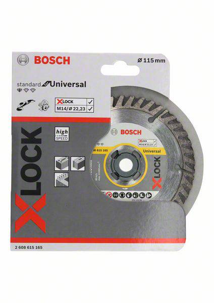 Confezione di un disco da taglio diamantato Bosch X-LOCK, 115 mm, "Universal", ad alta velocità, con simboli di compatibilità dei materiali.