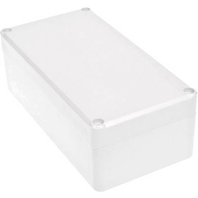 Un involucro rettangolare bianco in plastica con angoli arrotondati e fori per viti in ciascuno dei quattro angoli superiori.