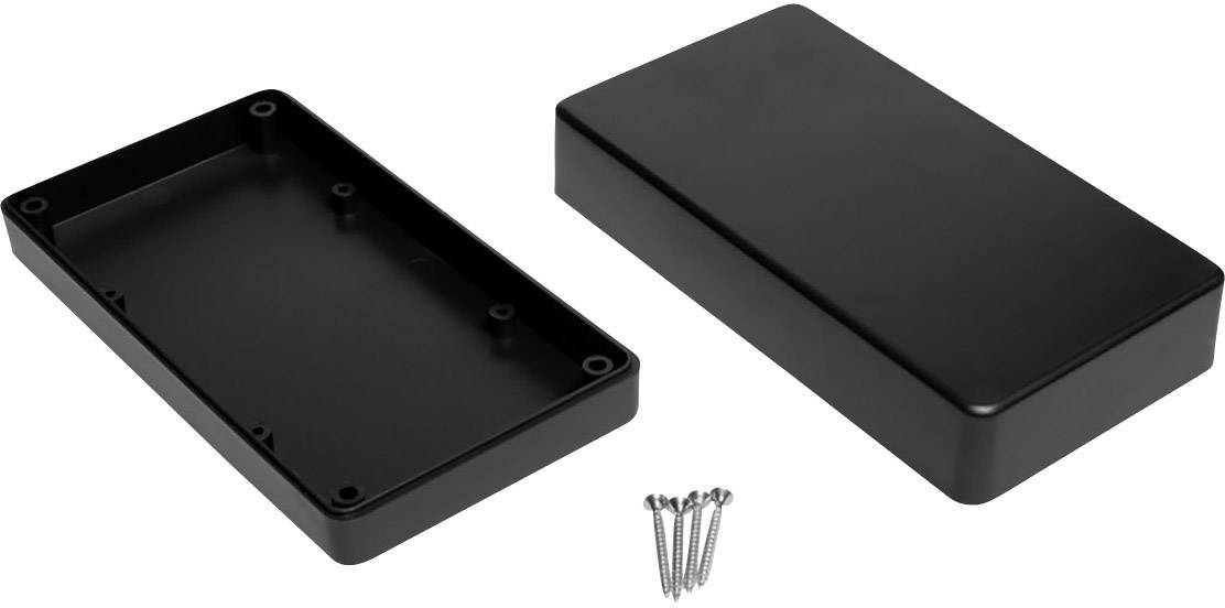 Custodia rettangolare nera in due parti con viti, idonea per il montaggio di componenti elettronici o la protezione di piccoli dispositivi.