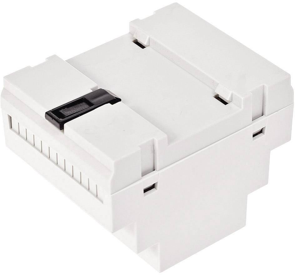 Un involucro elettrico bianco con dettagli neri. Presenta fessure di ventilazione ed è adatto al montaggio su guida DIN.