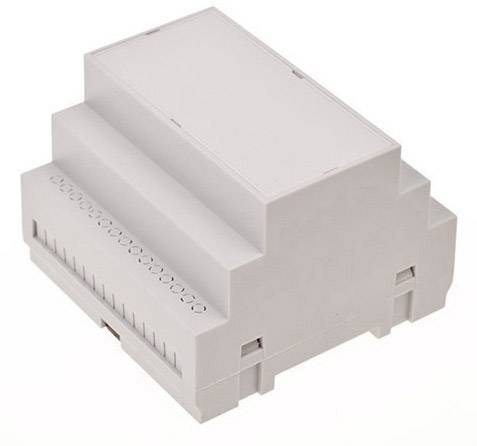 Un involucro bianco progettato per il montaggio su guida DIN. Adatto per componenti elettronici o dispositivi di controllo.