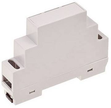 Un involucro rettangolare grigio in plastica, utilizzato per il montaggio su guida DIN in installazioni elettriche.