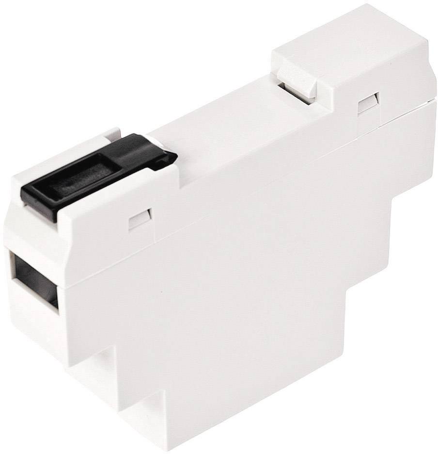 Un involucro elettrico bianco per il montaggio su guida DIN, con interruttore a scorrimento nero sulla parte superiore.