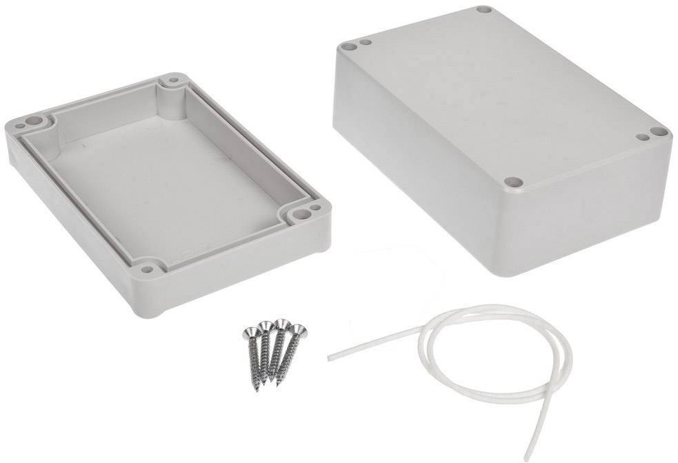 Contenitore elettronico in plastica, bipartito, con viti e cavo del contenitore. Adatto per la protezione di componenti elettronici.