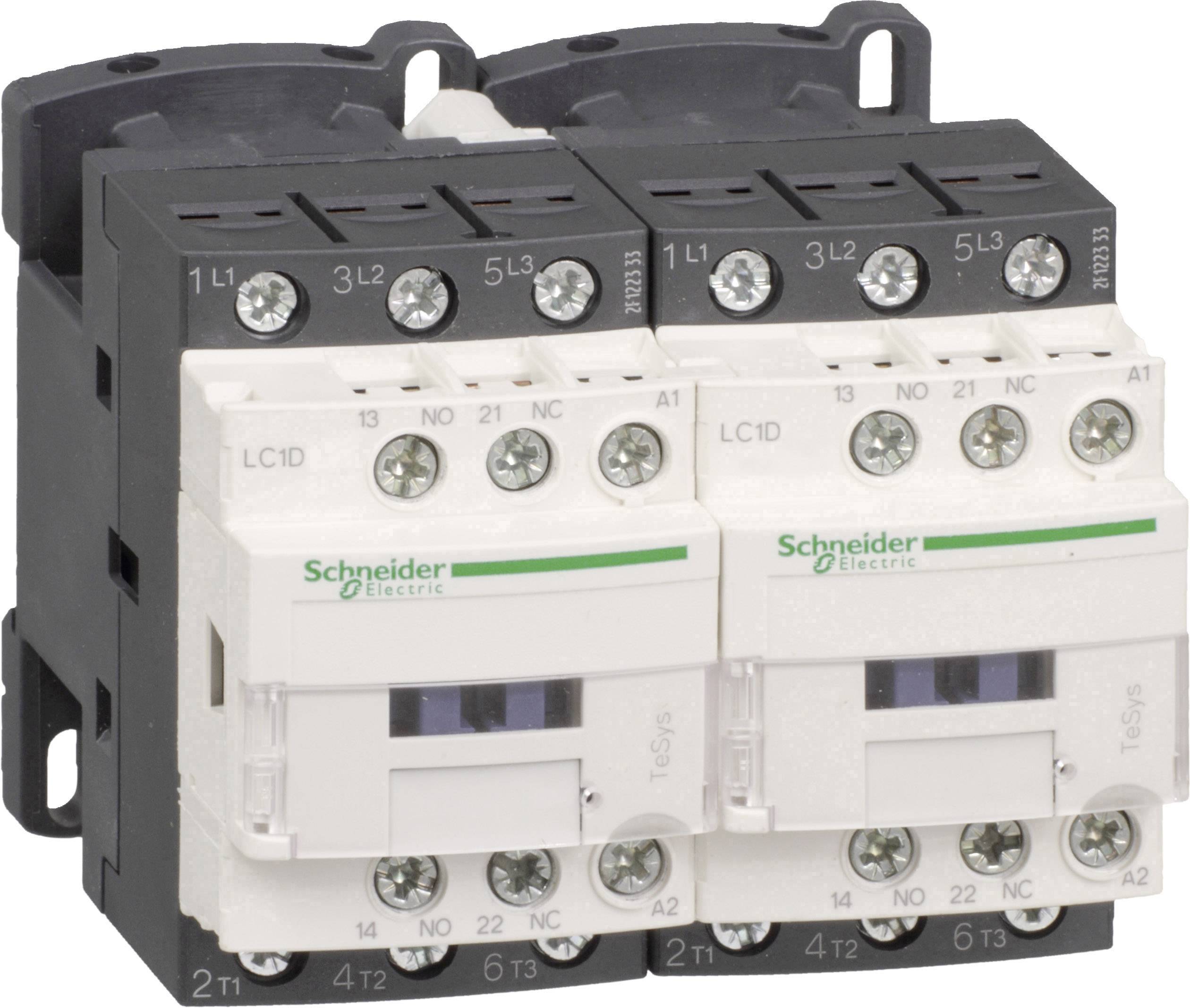 Due dispositivi di protezione bianchi del marchio Schneider Electric, montati uno accanto all'altro. Mostrano connessioni ed etichette.