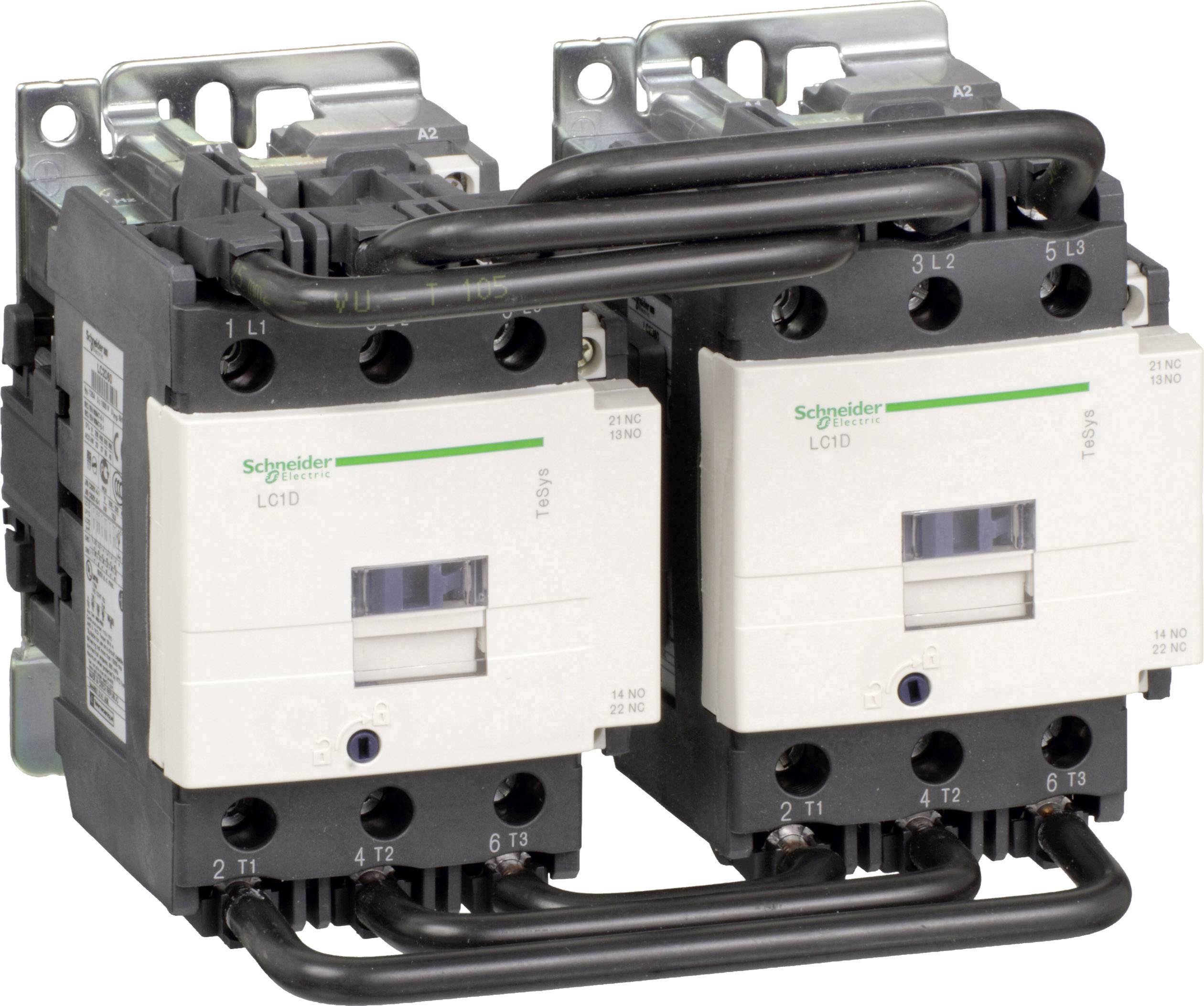 Due contattori elettrici Schneider Electric, modello LC1D, montati su supporti metallici. Sono collegati tra loro da cavi neri.