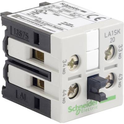 'Schneider Electric LA1SK20 frontal block with 4 screw terminals, production data, and CE marking on the front side.'