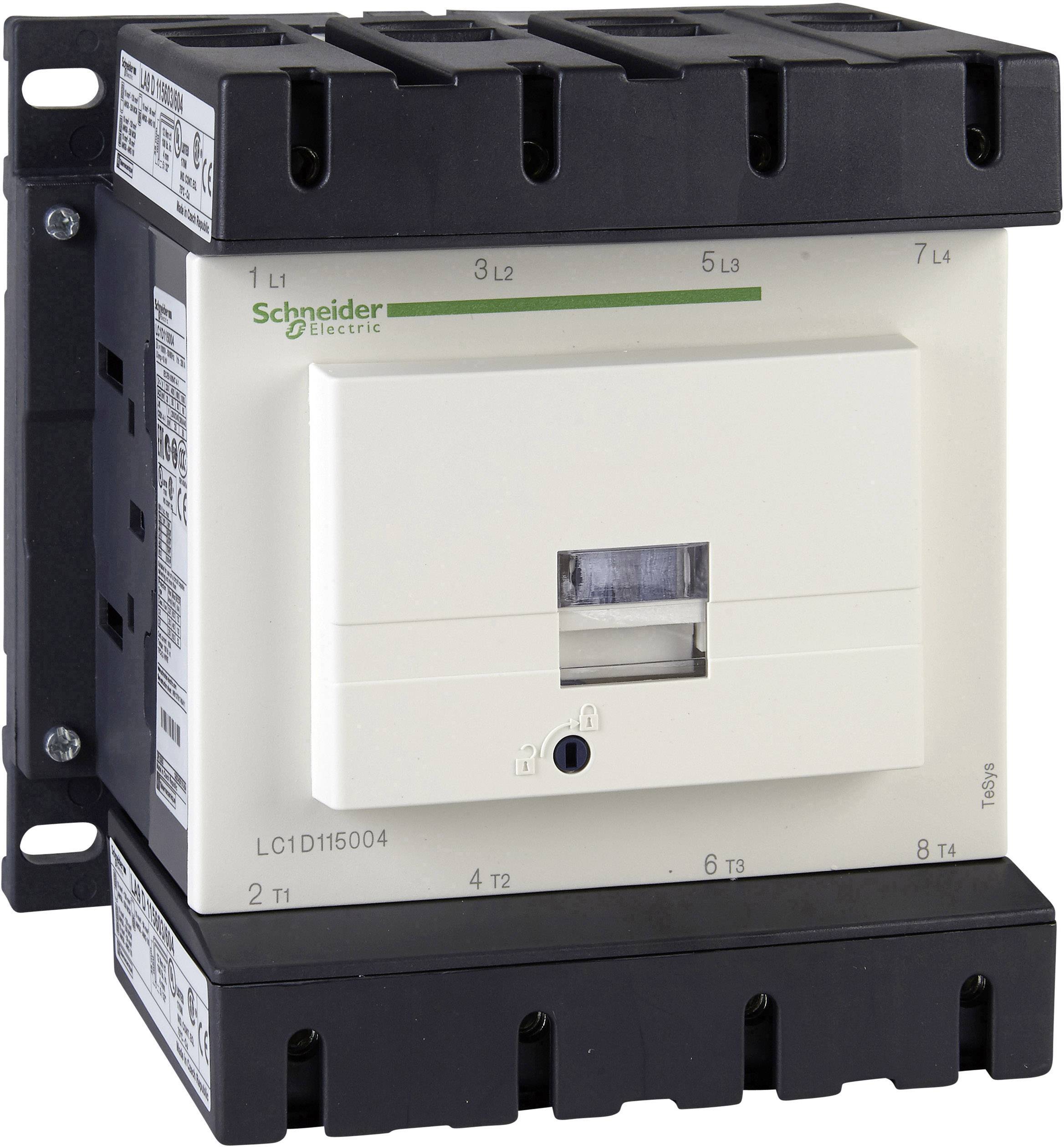 Un interruttore elettrico di potenza Schneider Electric con copertura nera e bianca. Ha diversi morsetti di connessione.
