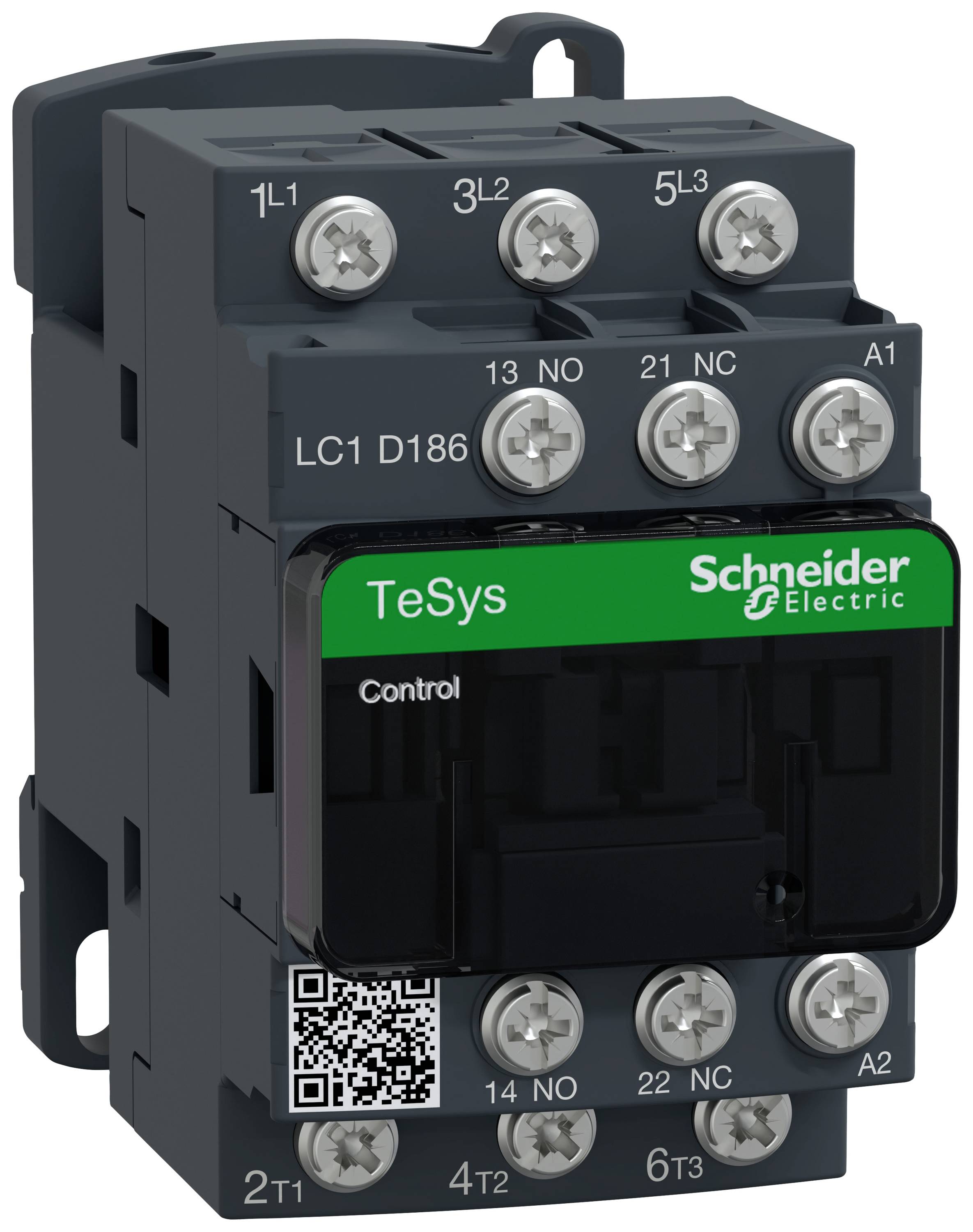 'Schneider Electric TeSys D-Contattore' con diversi attacchi a vite ed etichetta verde del marchio. Codice QR visibile in basso a sinistra.