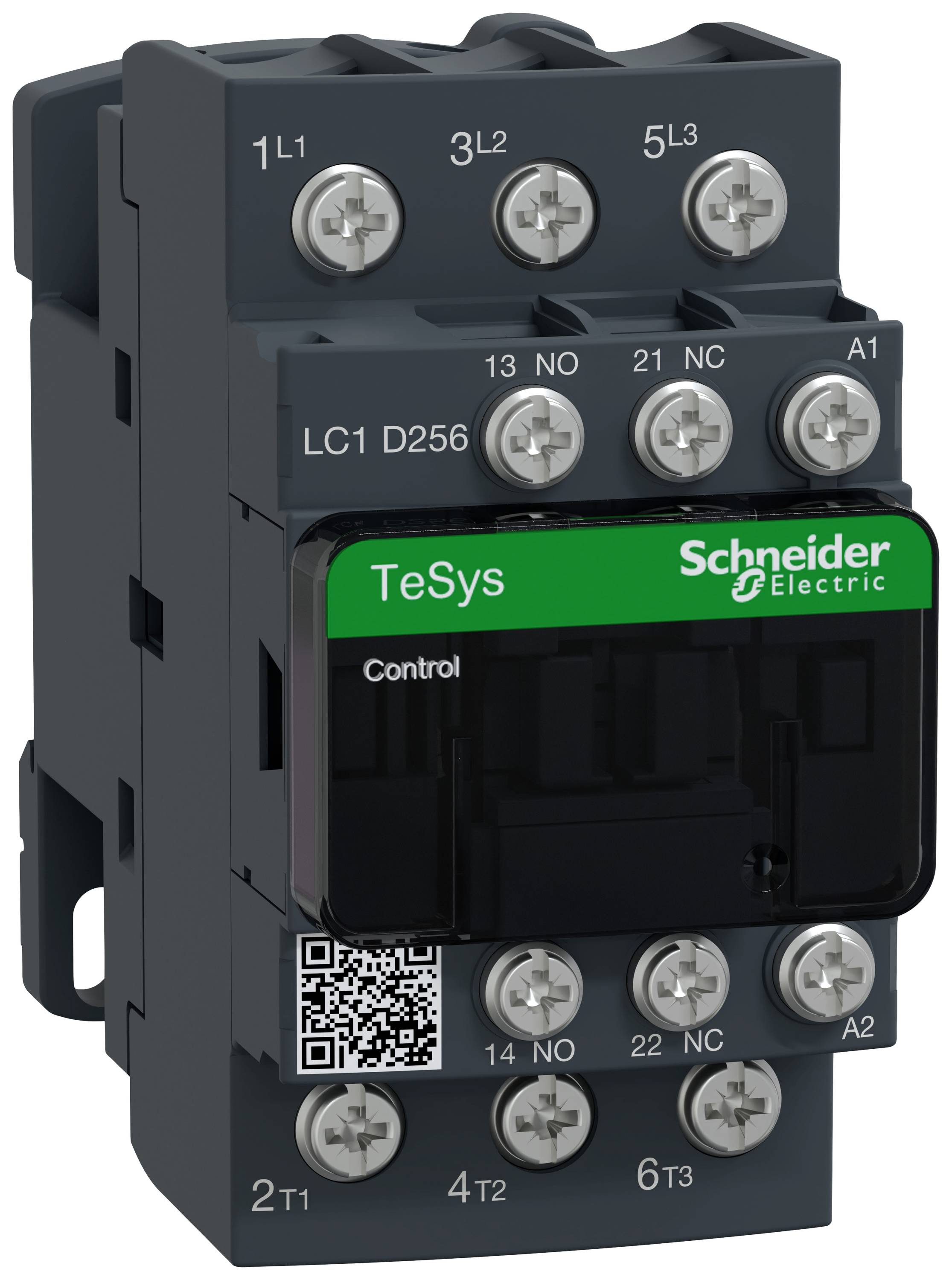 'Schneider Electric TeSys Schütz'. Un dispositivo elettrico di contatto nero, rettangolare, con morsetti a vite e un codice QR sul lato frontale.