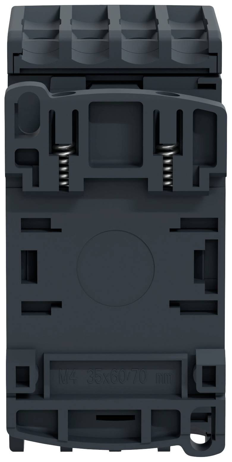 Un componente elettronico nero con connettori e un meccanismo a molla, tipicamente utilizzato per il montaggio nei quadri elettrici.