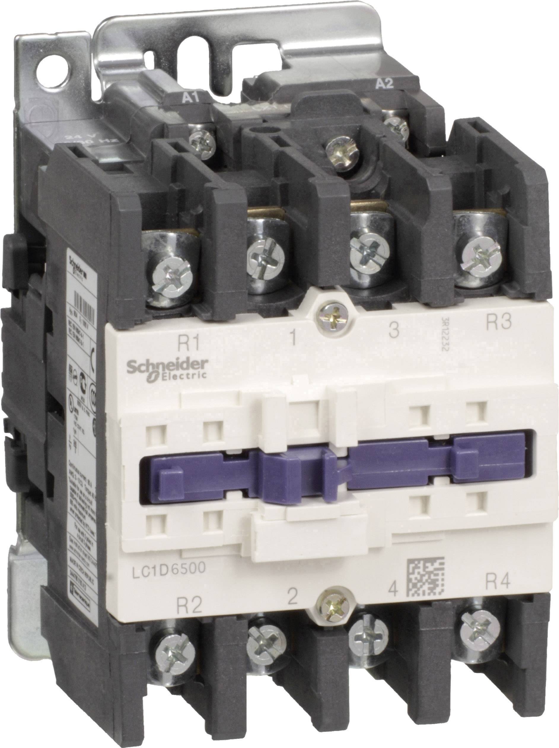 Un interruttore magnetotermico della marca Schneider Electric, modello LC1D6500, con morsetti a vite per cablaggio elettrico, fissato su supporto metallico.