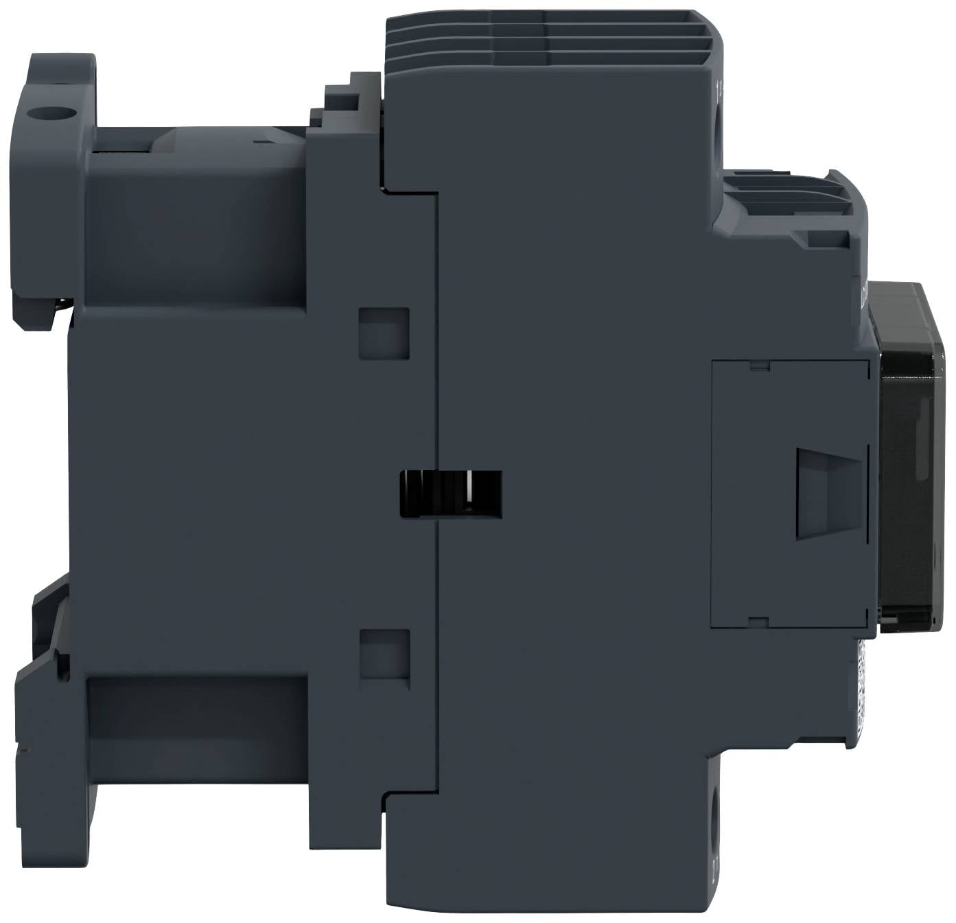 Un relè elettrico in vista laterale con un involucro scuro, slot identificabili e ganci di montaggio.