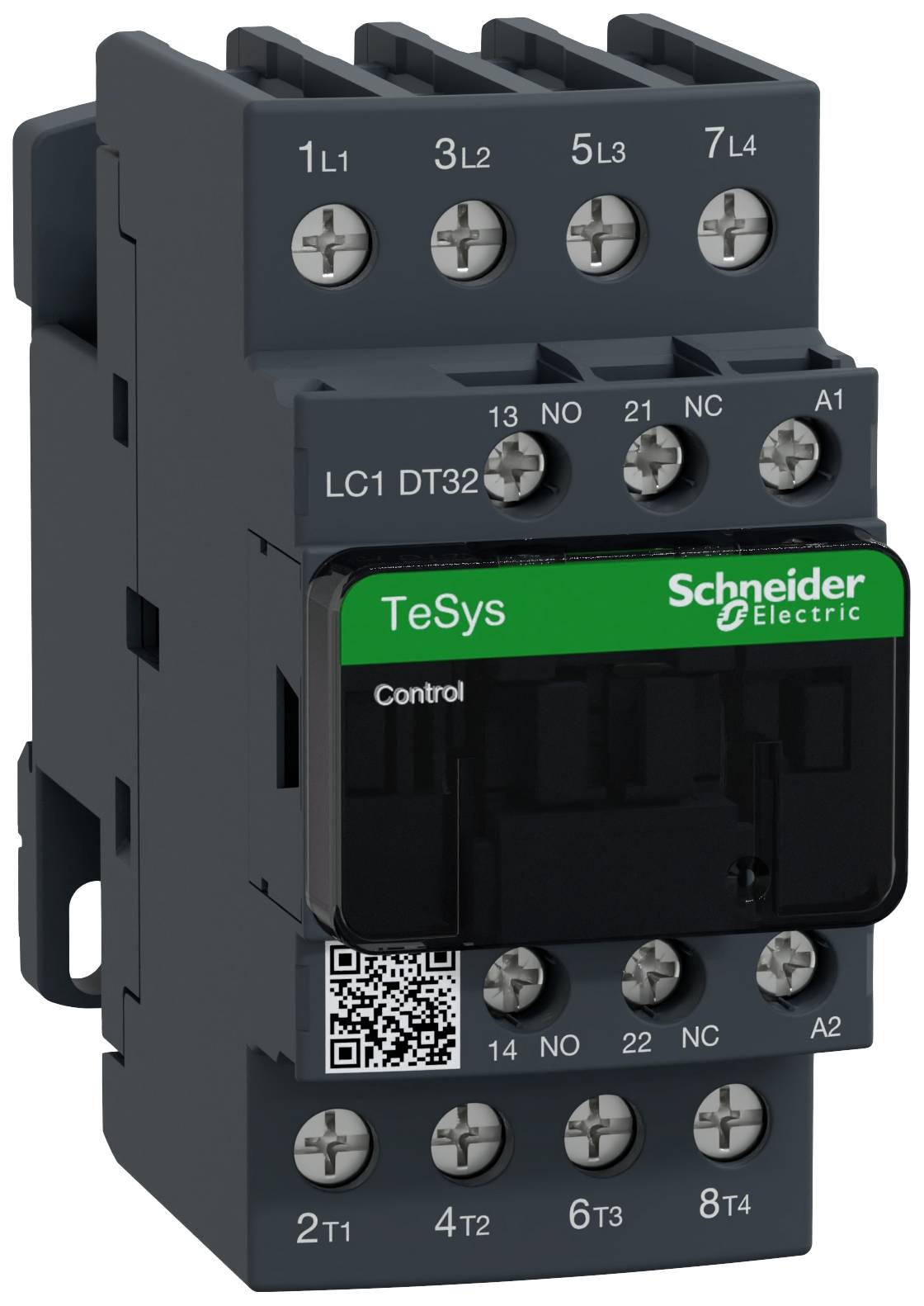 'Contattore di Schneider Electric, modello LC1 DT32, per il controllo motore. Involucro nero, etichetta verde con codice QR.'