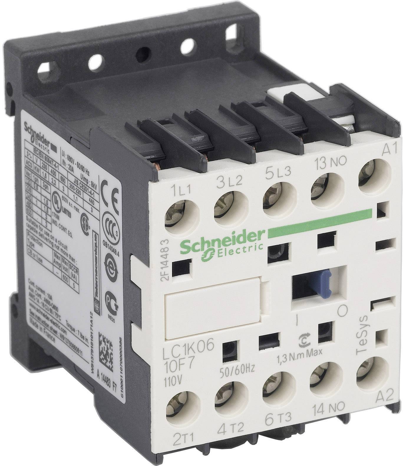 Un contattore elettrico bianco di Schneider Electric con più connessioni e dettagli tecnici stampati.