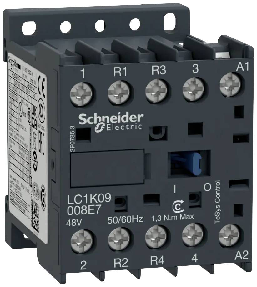 Contattore Schneider Electric per comandi elettrici. Modello LC1K09, idoneo per 48V. Mostra i morsetti e le specifiche tecniche.