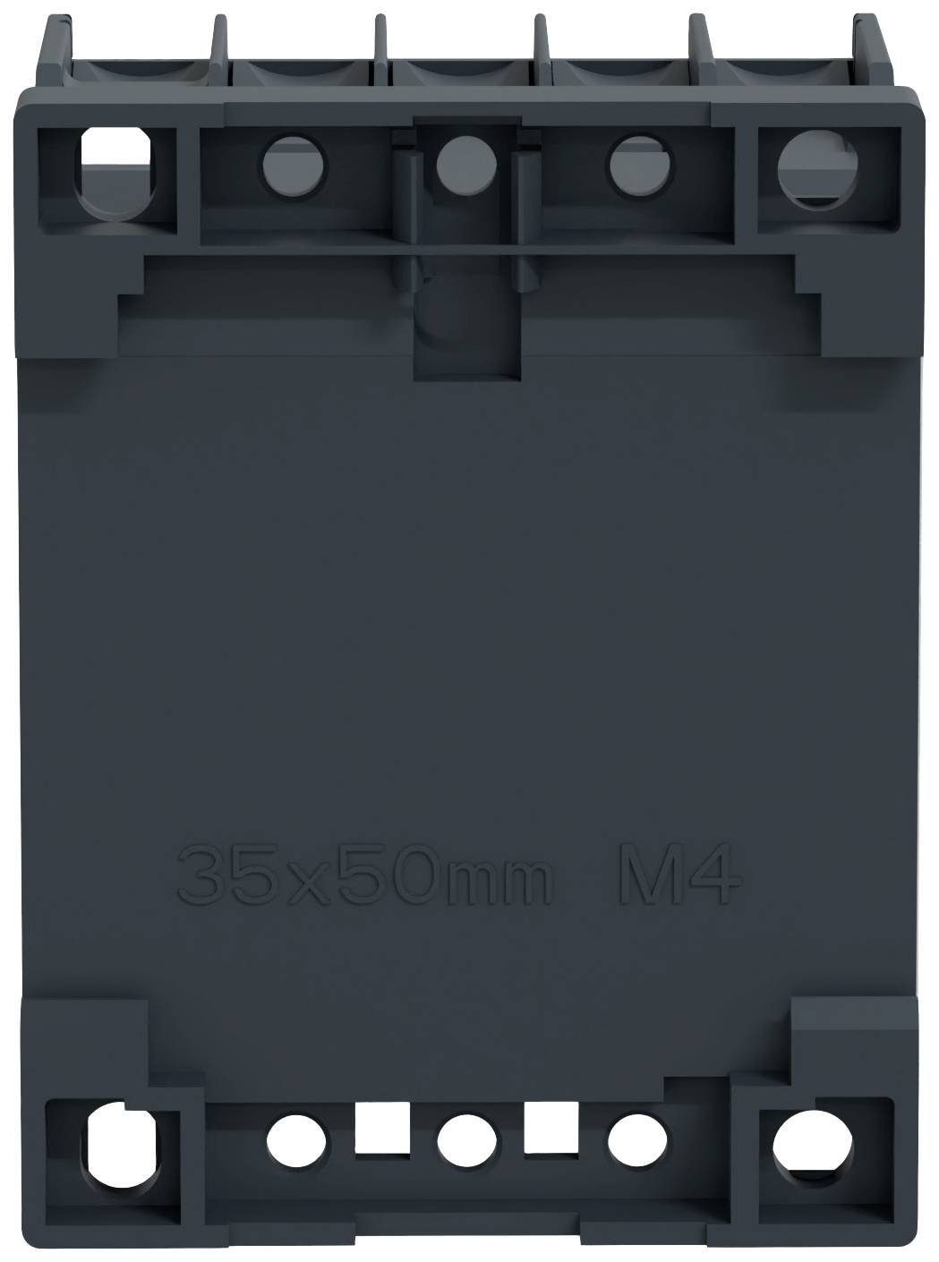 Pezzo in plastica nero rettangolare con diversi fori, stampato con '35x50mm M4'.