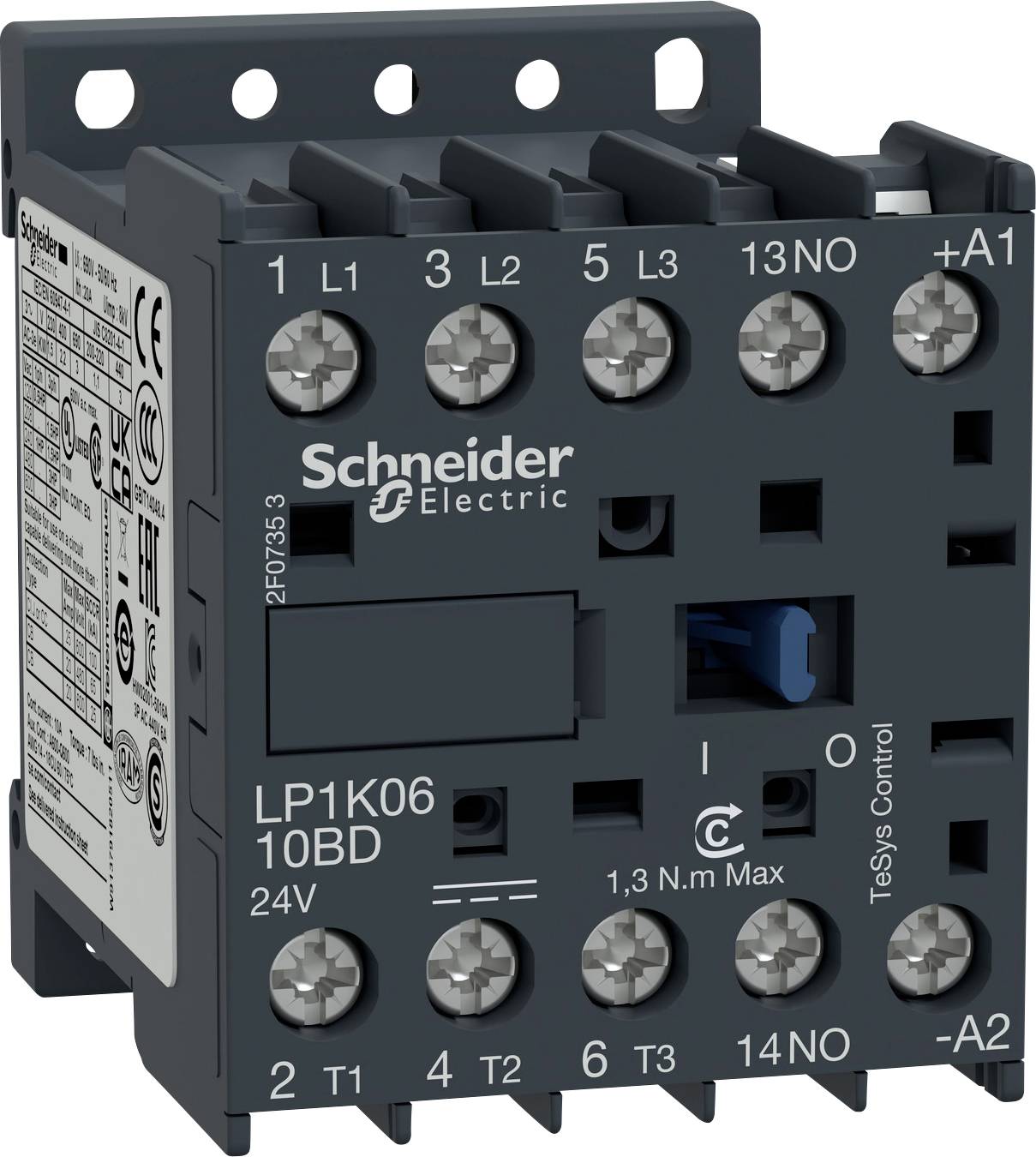 Contattore Schneider Electric, modello 'LP1K06'. Dispone di diversi morsetti di connessione ed è progettato per una tensione di 24V.