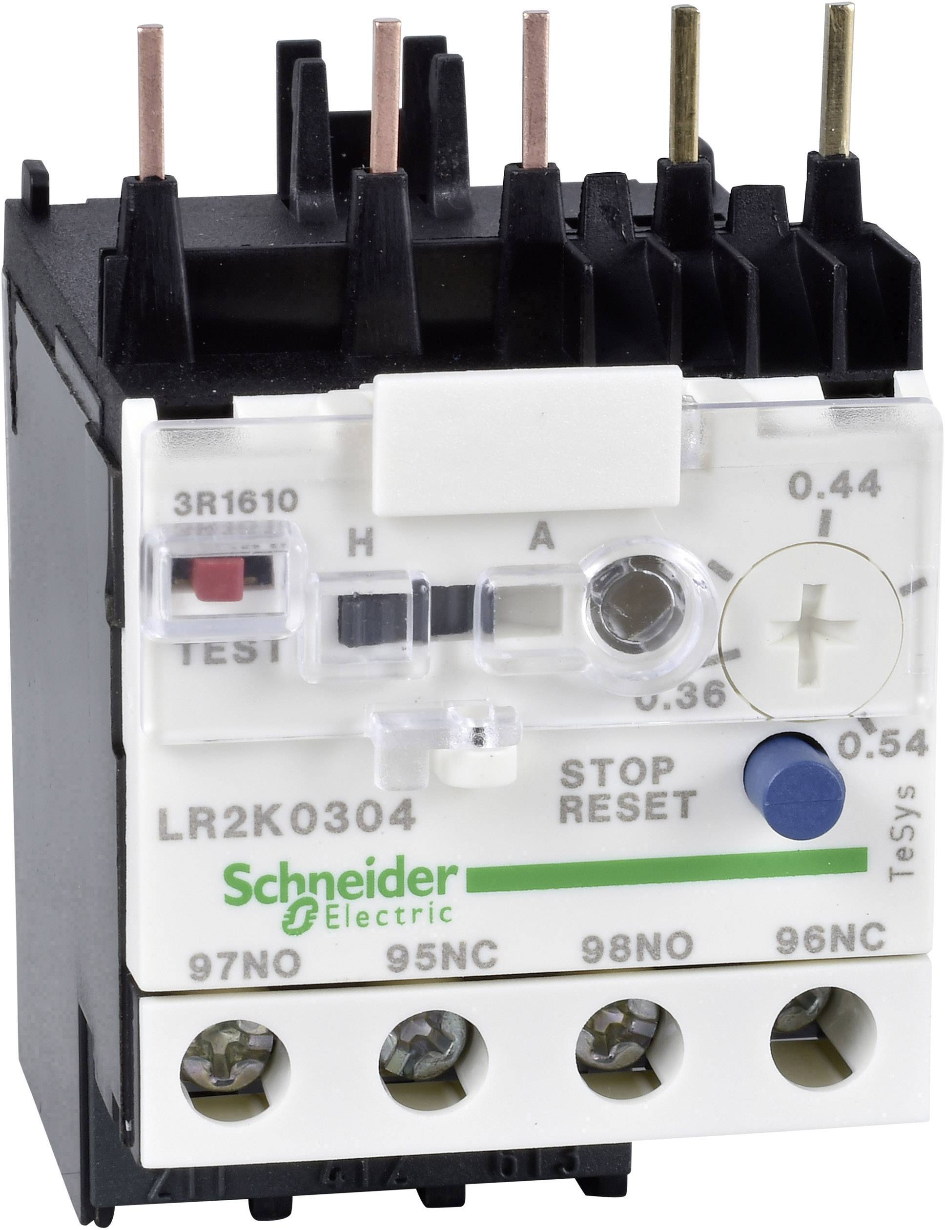 Un relè termico di sovraccarico di Schneider Electric con pulsanti per 'Test', 'Stop' e 'Reset', nonché diversi morsetti di connessione.