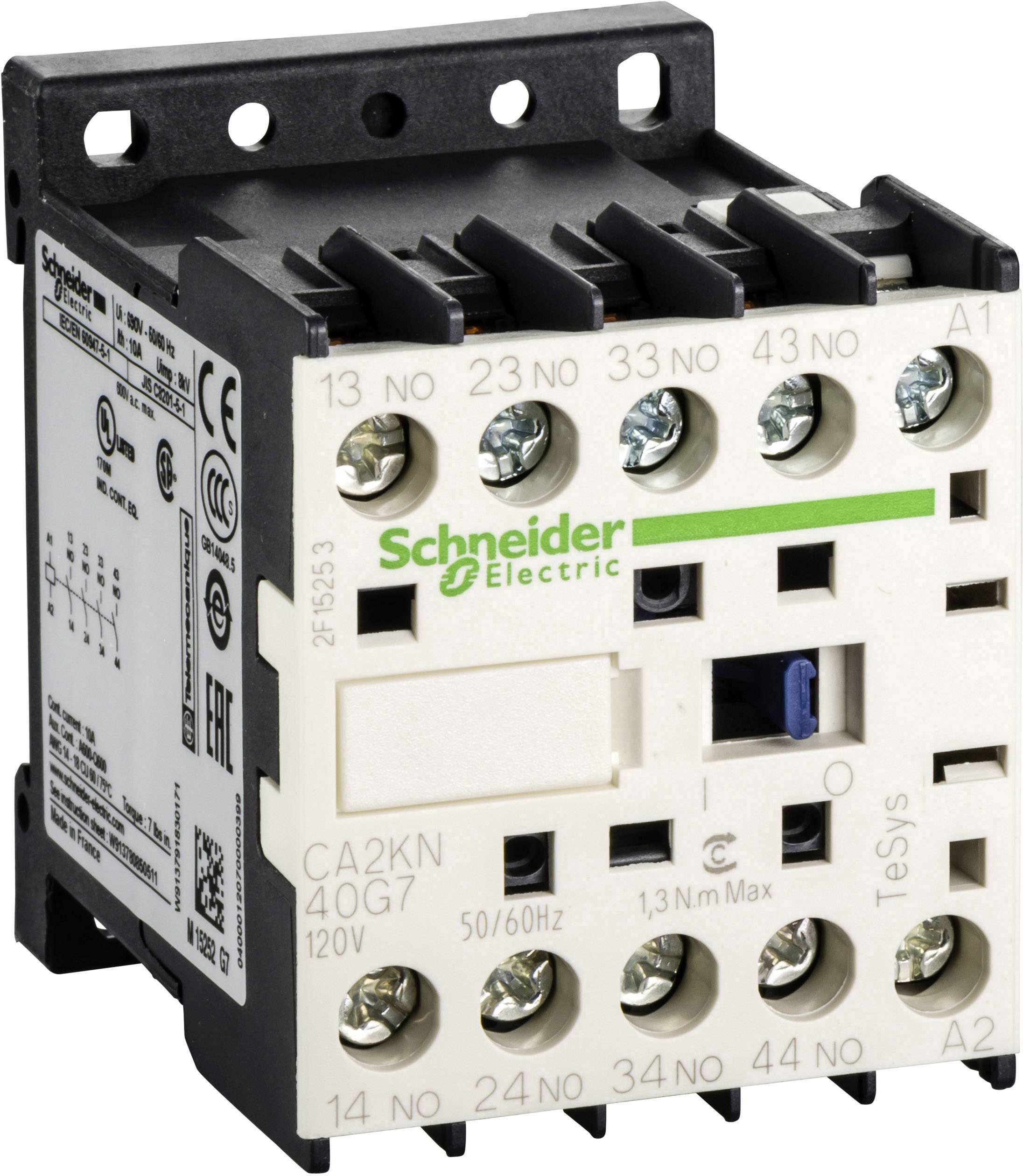 Un contattore elettrico di Schneider Electric, modello CA2KN, per circuiti fino a 120V, 50/60Hz. Sono visibili diversi morsetti di connessione.