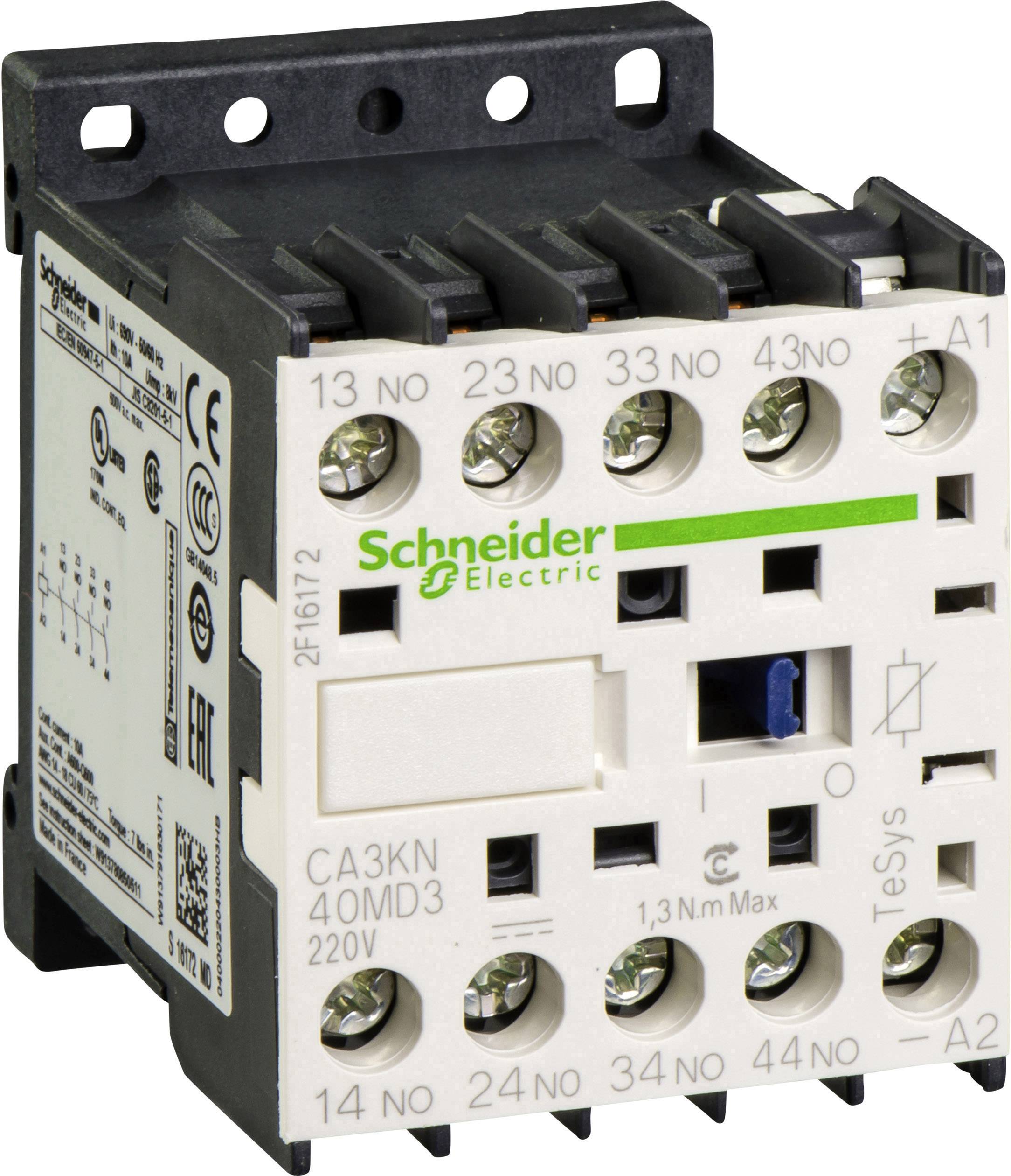 Relè industriale Schneider Electric, modello CA3KN, mostra i morsetti di connessione e le specifiche tecniche.