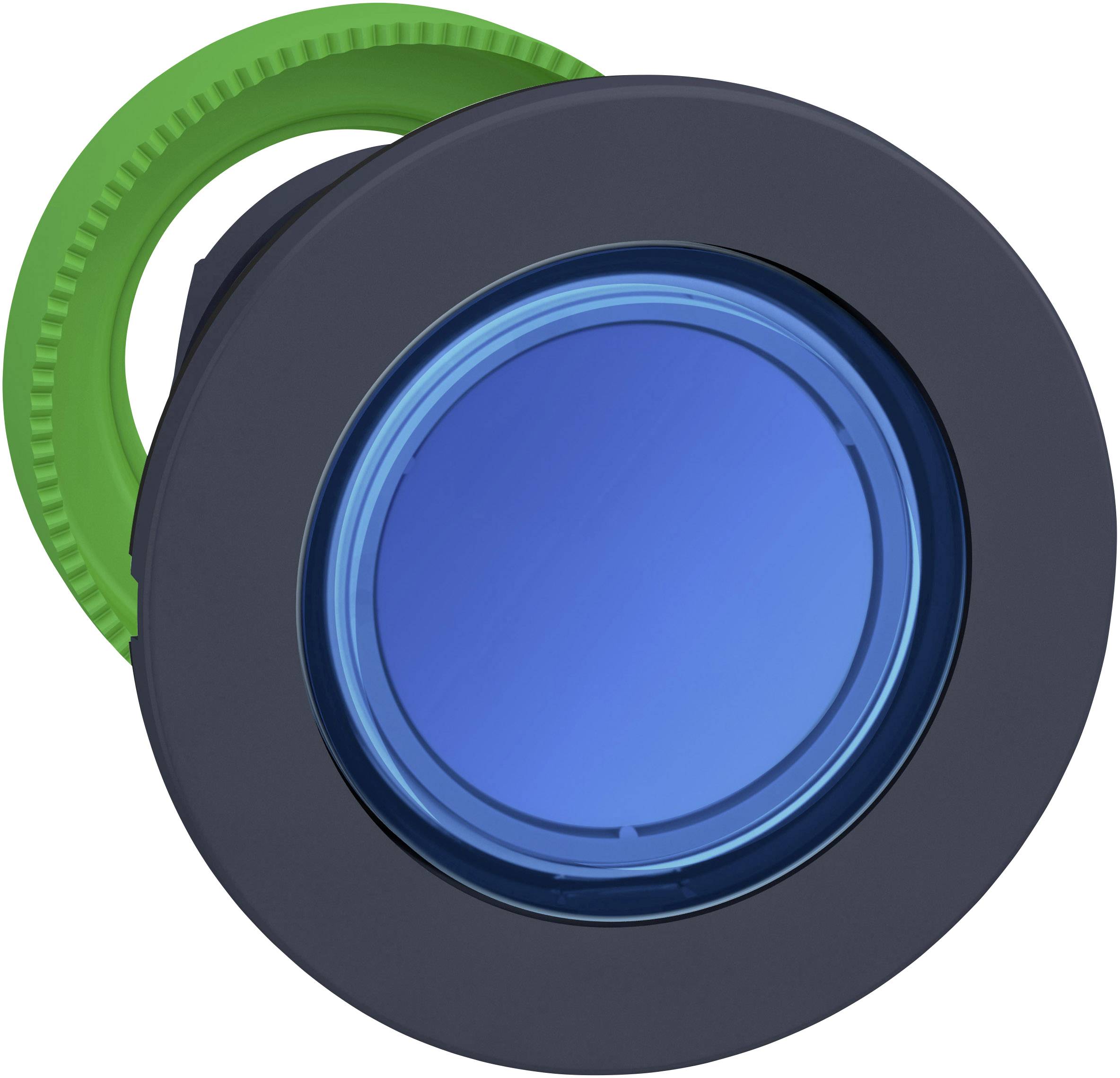 'Pulsante blu con anello verde, spesso utilizzato nei pannelli di controllo delle macchine. Il pulsante solitamente segnala lo stato 'Acceso'.'