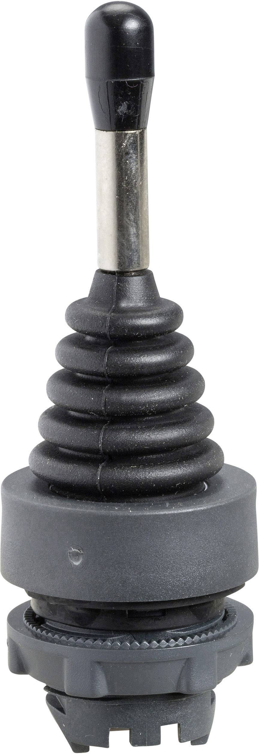 Un joystick nero con nervature e un lungo impugnatura metallica.