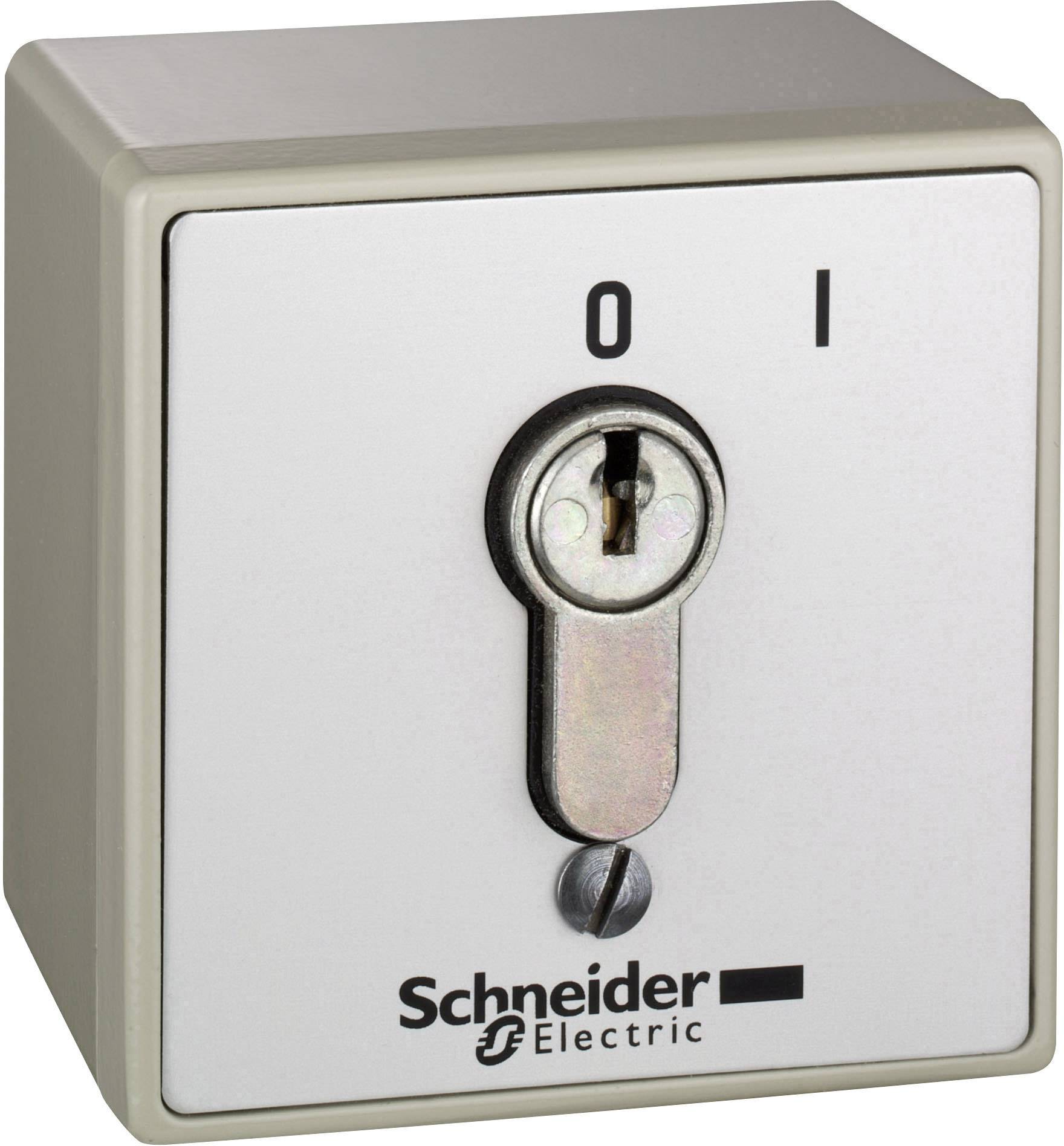 Interruttore a chiave 'Schneider Electric' con posizioni '0' e 'I'. Foro della chiave al centro per il controllo di dispositivi elettrici.