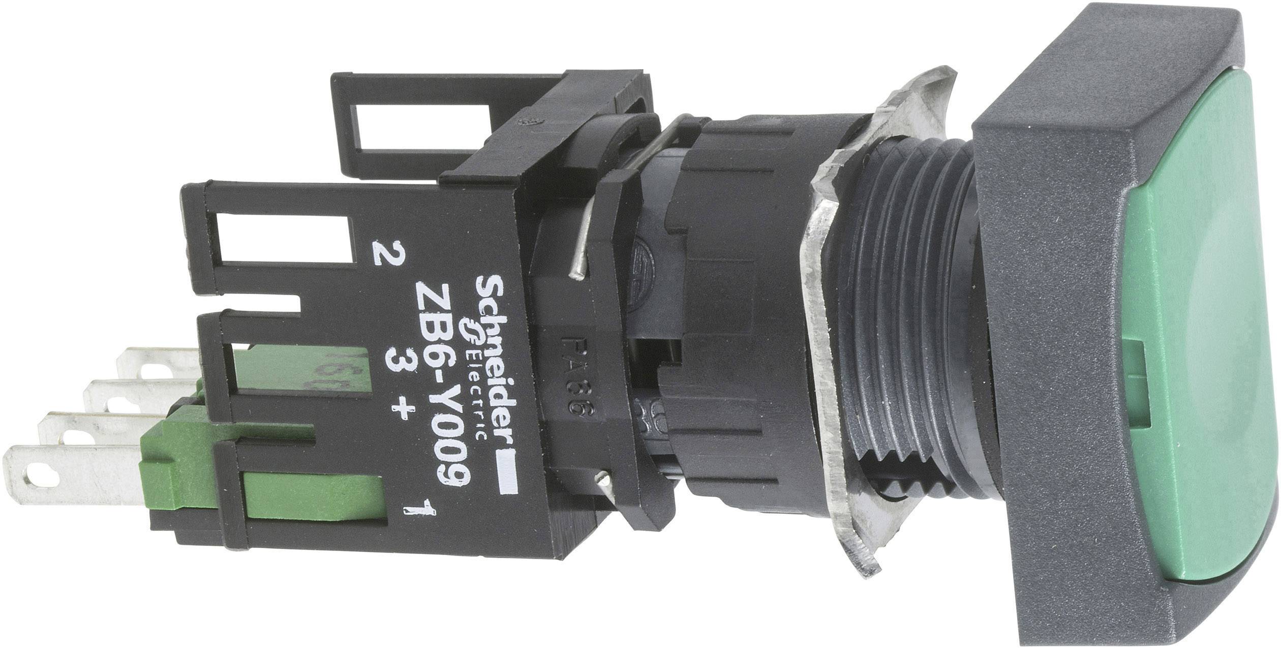 Un pulsante verde con involucro in plastica e filettatura metallica. La vista laterale mostra i morsetti di connessione. Produttore: Schneider Electric, Modello: ZB6-Y009.