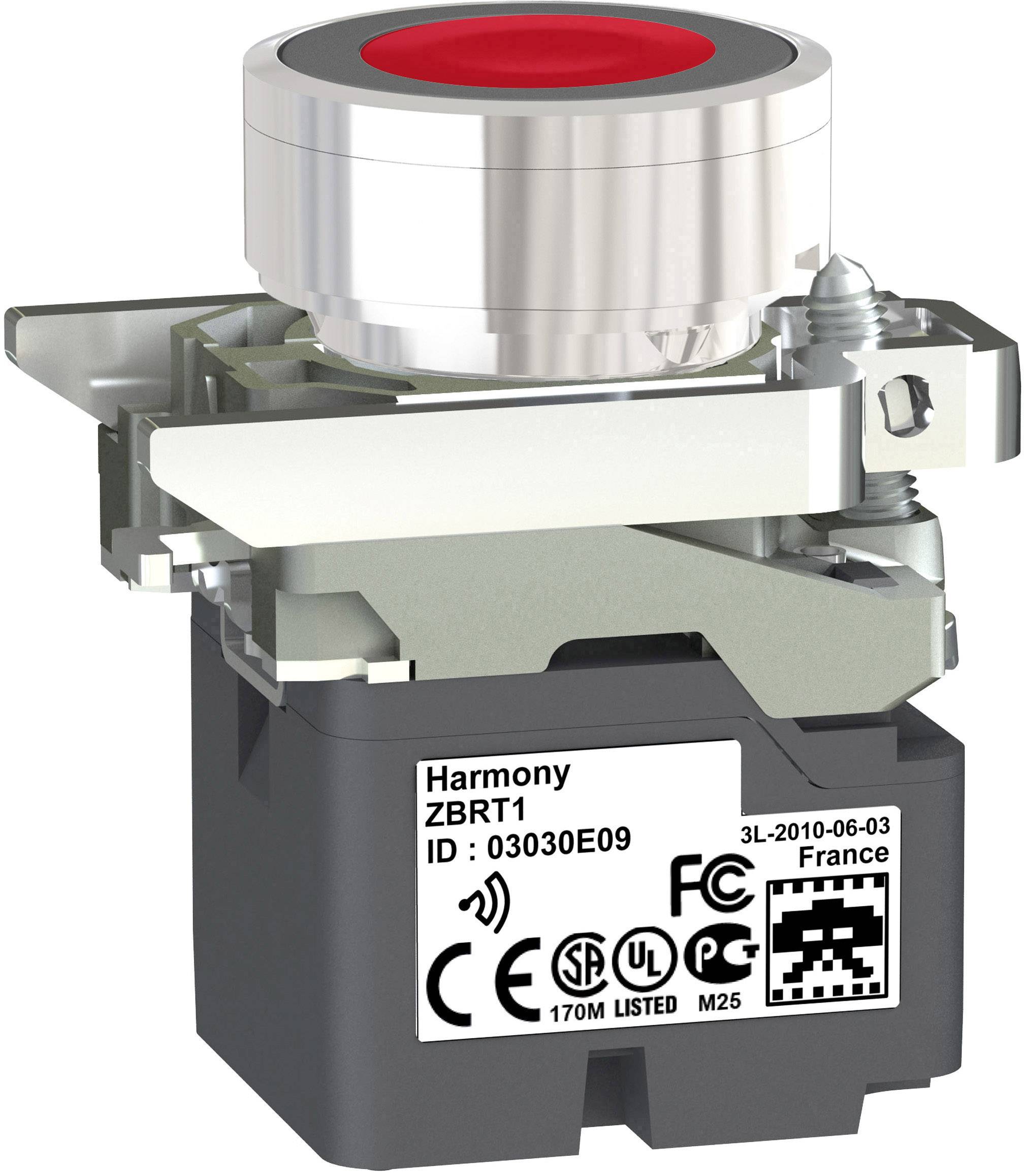 Un pulsante rosso con bordo argentato, con etichetta 'Harmony ZBRT1'. Marcature CE, FCC e altri standard.