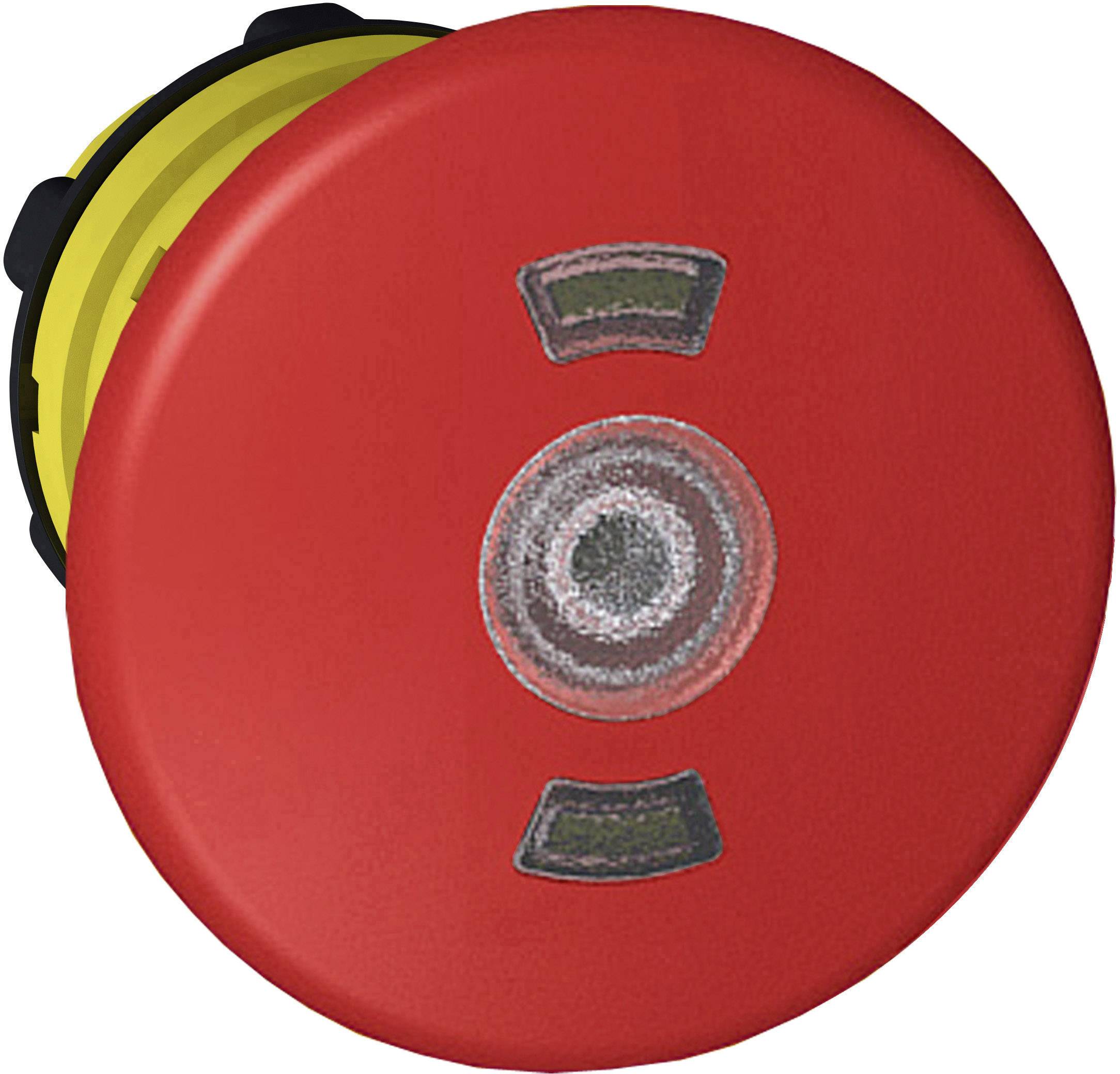 Pulsante di emergenza rosso con design circolare e sfondo giallo, utilizzato per l'arresto di sicurezza delle macchine.