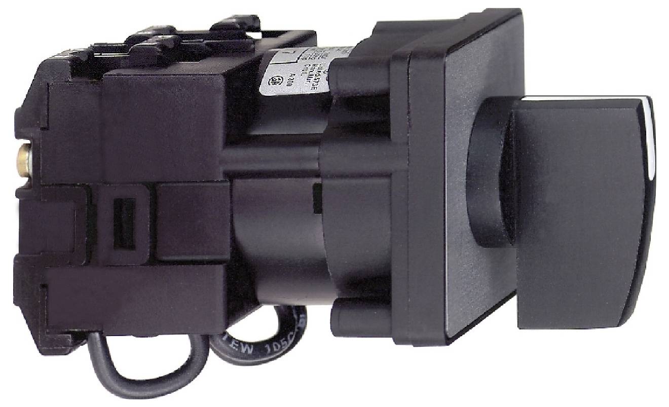 Interruttore rotativo industriale nero o manopola di controllo mostrato in vista laterale su sfondo bianco.